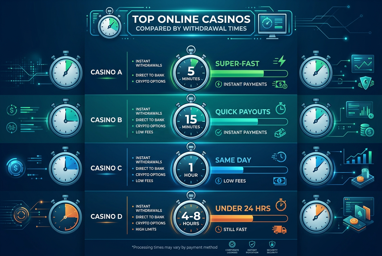 Infografika przedstawiająca ranking najszybszych kasyn online 2026 roku z czasem wypłat